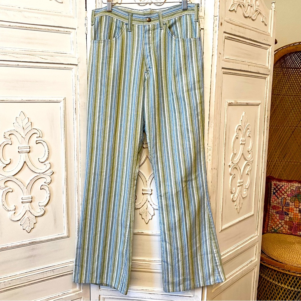 Vintage 70s Kazoo Striped Pants 28 Blue Green White